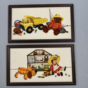 Vtg Crewel Embroidery Framed Wall Art Nursery Toy Bear Dollhouse Set 2 MCM